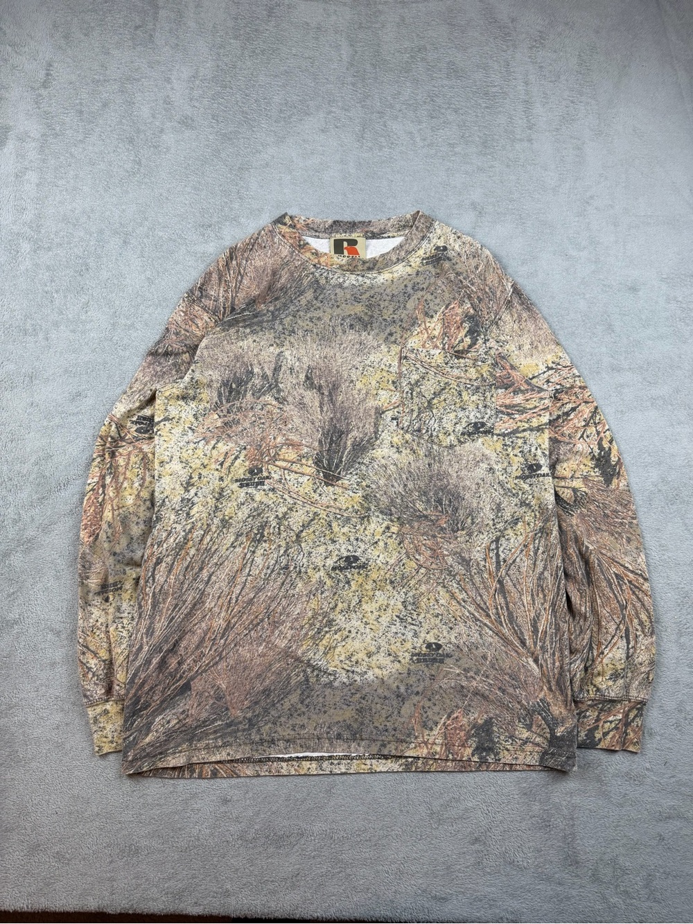 Russell Athletic Long-Sleeve Crewneck in Brown, Tan, Yellow Camouflage Print